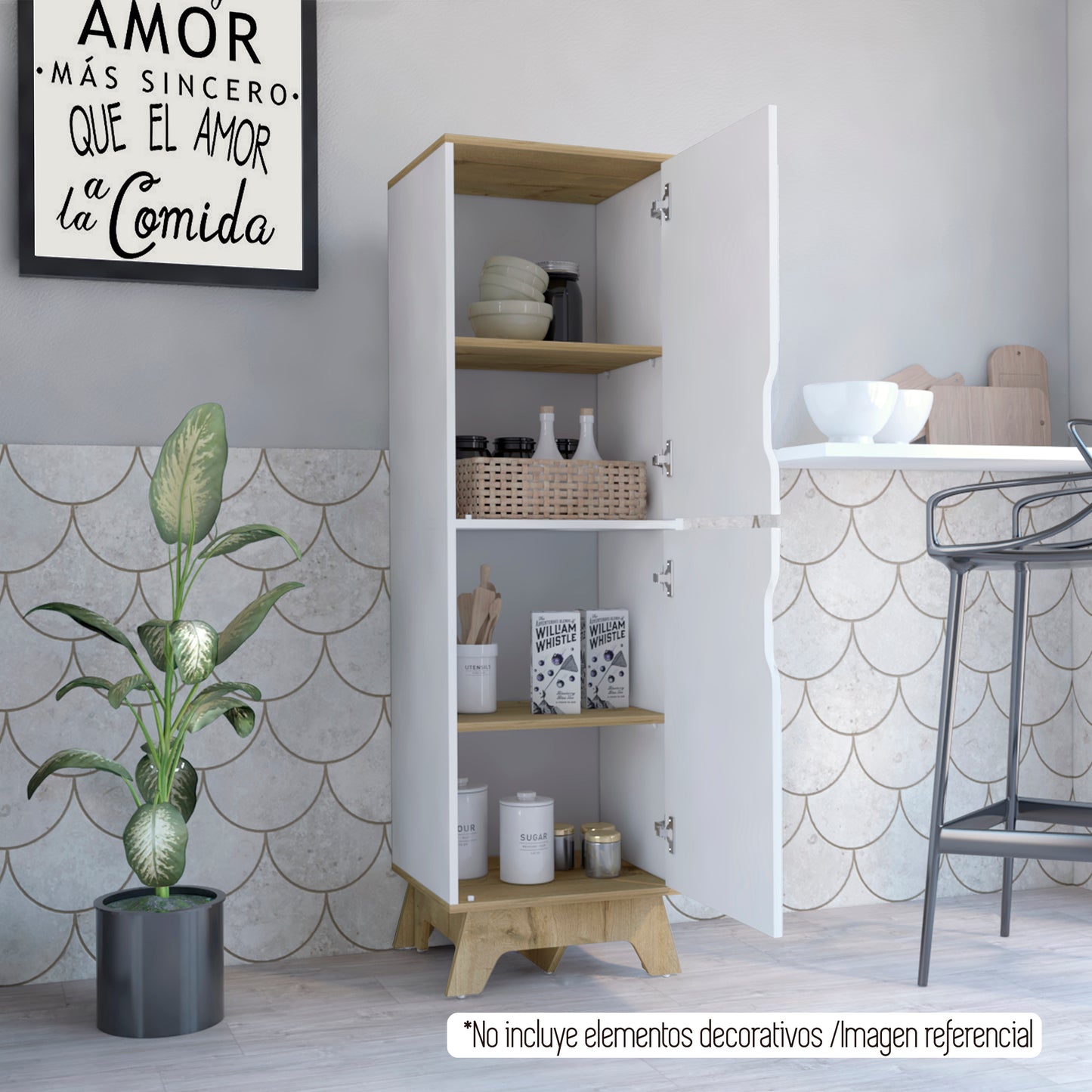 Alacena de Cocina BI,Color Blanco y Duna, con dos puertas batientes y variedad de entrepaños