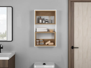 Mueble Auxiliar Muro Baño Eco, Blanco Duqueza y Fresno Europeo, con superficies para ubicar objetos