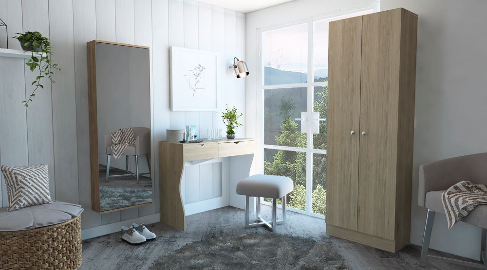 Combo Perla, Rovere y Blanco, incluye tocador, zapatero con espejo y closet con dos puertas