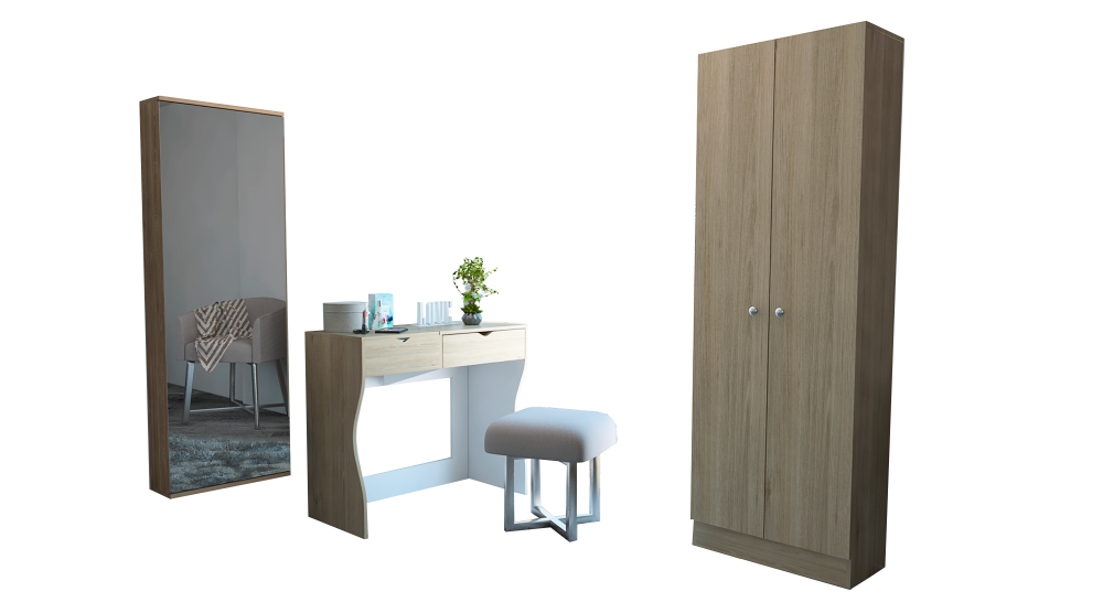 Combo Perla, Rovere y Blanco, incluye tocador, zapatero con espejo y closet con dos puertas
