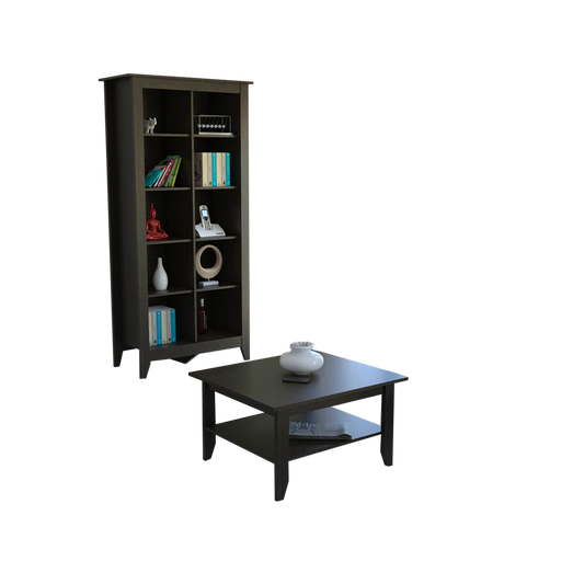 Mesa de Centro + Librero Essential Color Wengue Para Sala De Estar