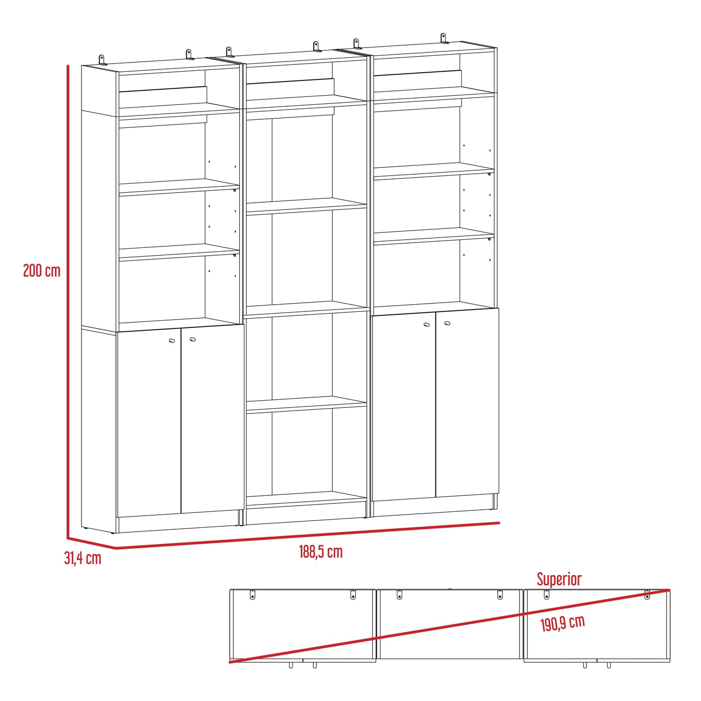 Combo Home, Estante Colección 32, Wengue, con tres estantes