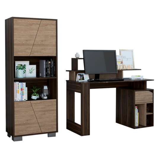 Escritorio W120 + Biblioteca Fraktal Office Color Habano y Miel Para Sala De Estar