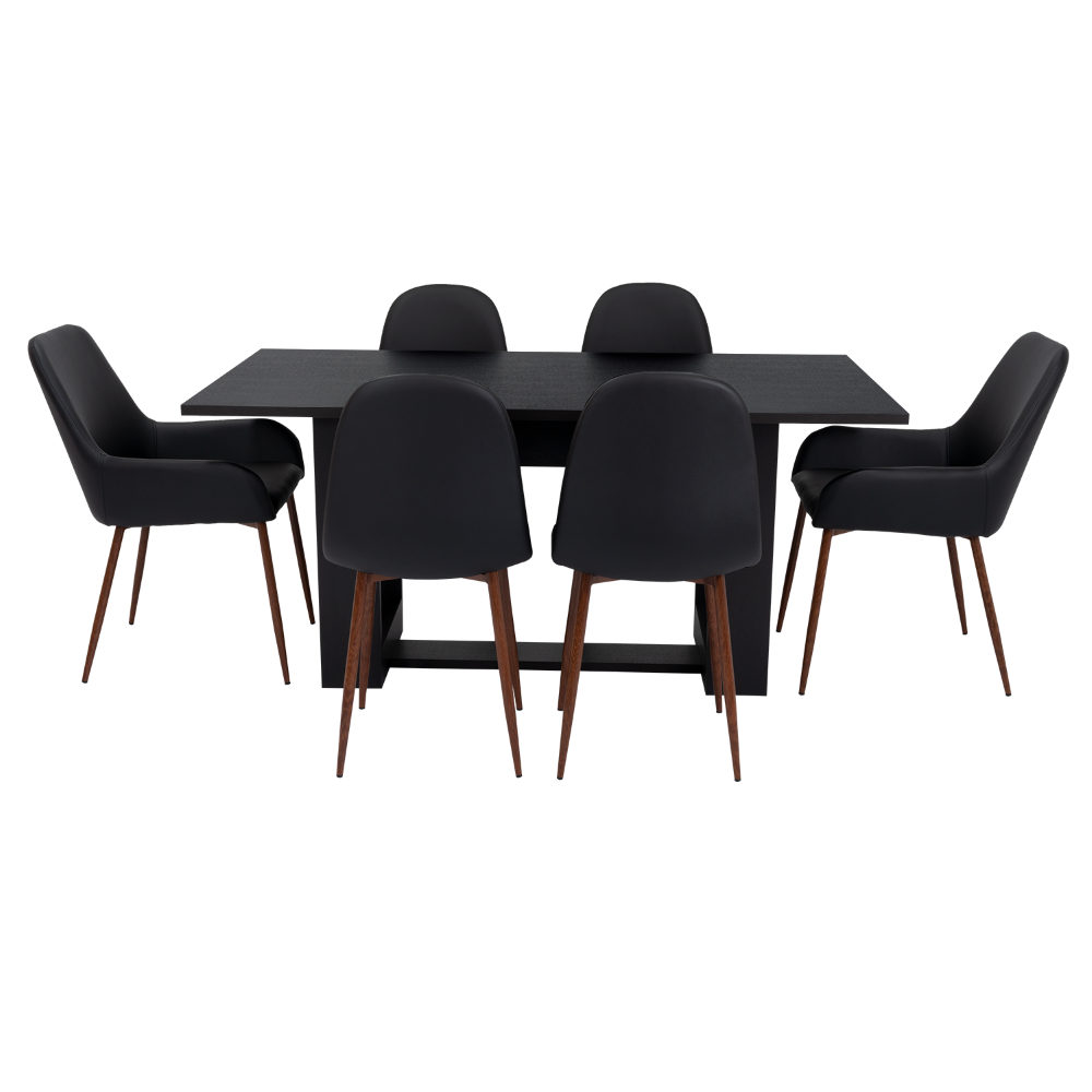 Combo Volterra, Wengue y Negro, incluye mesa comedor 160, cuatro sillas sin brazo y dos sitials con brazo