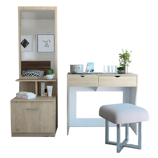 Combo Perla, Rovere y Blanco, incluye mueble de tocador y velador c.espejo