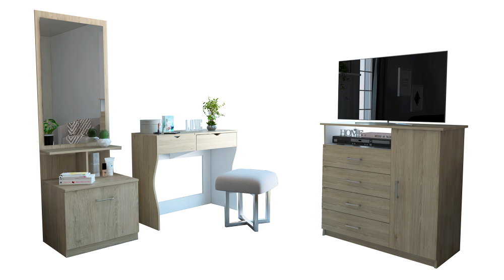 Combo Perla, Rovere y Blanco, incluye mueble de tocador, cómoda y velador con espejo