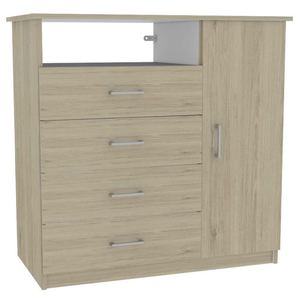 Combo Perla, Rovere y Blanco, incluye mueble de tocador, cómoda y velador con espejo