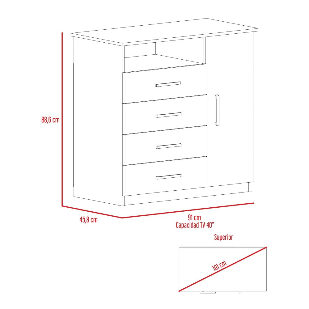 Combo Perla, Rovere y Blanco, incluye mueble de tocador, cómoda y velador con espejo
