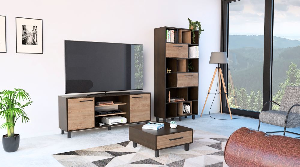 Combo Kaia, Wengue y Miel, incluye rack TV, biblioteca y mesa centro