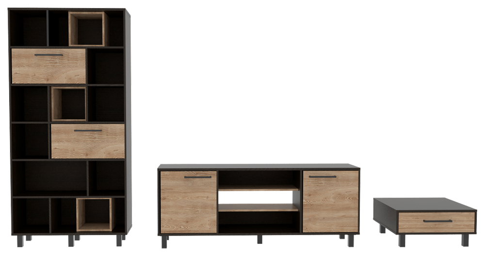 Combo Kaia, Wengue y Miel, incluye rack TV, biblioteca y mesa centro
