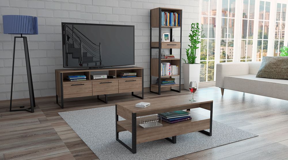 Combo Magnum, Miel, incluye rack TV, biblioteca y mesa centro