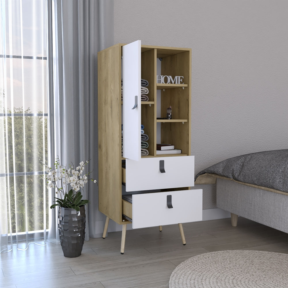 Cómoda Alta Huna, Macadamia y Blanco, con una puerta y dos cajones.