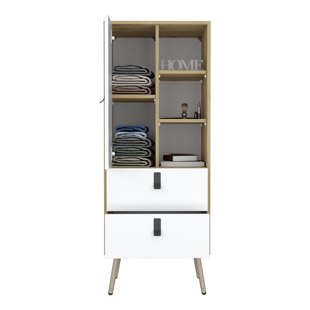 Cómoda Alta Huna, Macadamia y Blanco, con una puerta y dos cajones.