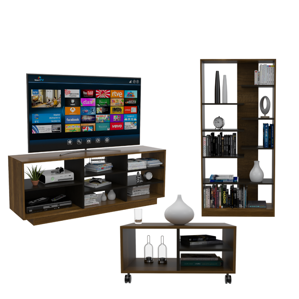Rack TV + Arrimo + Mesa de Centro Color Caramelo y Wengue Para Sala De Estar