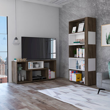 Rack Extensible + Biblioteca Cubo Beijing Color Coñac y Blanco Para Sala De Estar