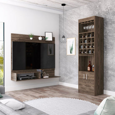 Panel TV + Bar Kava Color Coñac y Blanco Para Sala De Estar