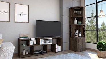 Bar Esquinero Kava + Rack Extensible Color Coñac y Blanco Para Sala De Estar