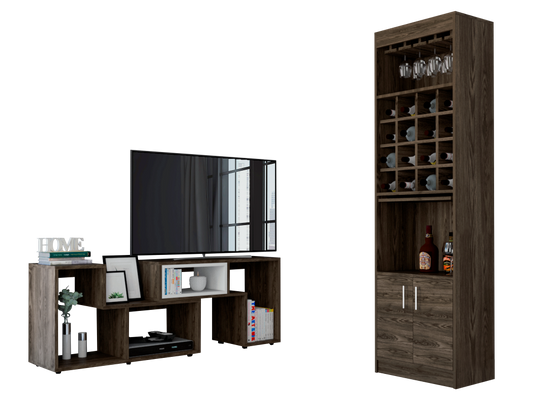 Bar Kava + Rack Extensible Beijing Color Coñac y Blanco Para Sala De Estar