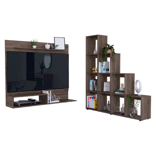 Panel TV + Biblioteca Escalera Beijing Color Coñac Para Sala De Estar