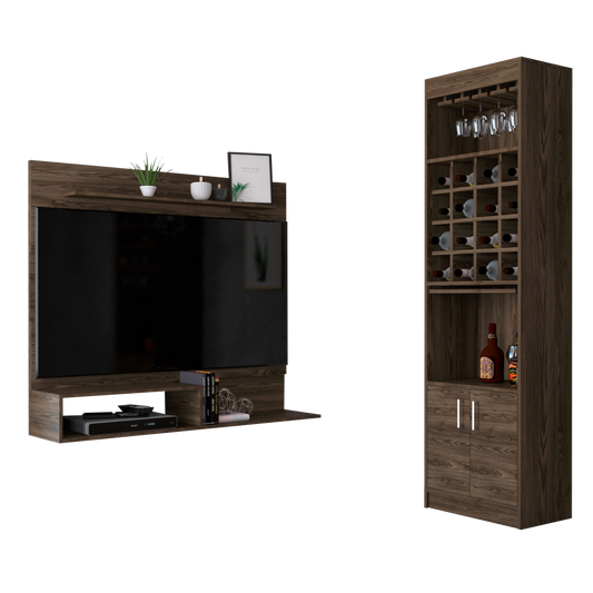 Panel TV + Bar Kava Color Coñac y Blanco Para Sala De Estar