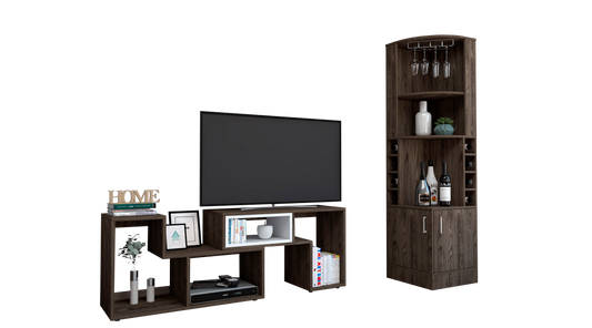 Bar Esquinero Kava + Rack Extensible Color Coñac y Blanco Para Sala De Estar