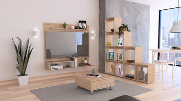 Panel TV + Biblioteca Escalera+ Mesa de Centro Color Rovere Para Sala De Estar