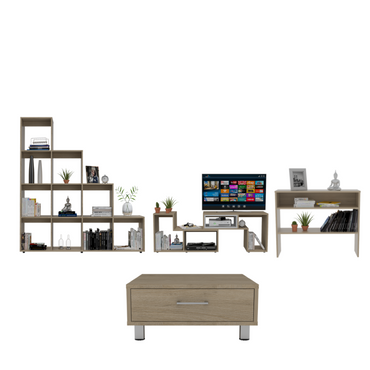 Rack Extensible + Biblioteca Escalera + Arrimo + Mesa de Centro Beijing Color Rovere Para Sala De Estar