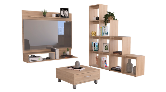 Panel TV + Biblioteca Escalera+ Mesa de Centro Color Rovere Para Sala De Estar