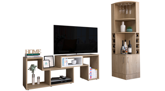 Bar Esquinero Kava + Rack Extensible Color Rovere Para Sala De Estar