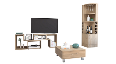 Bar Esquinero Kava + Rack Extensible + Mesa de Centro Color Rovere y Blanco Para Sala De Estar