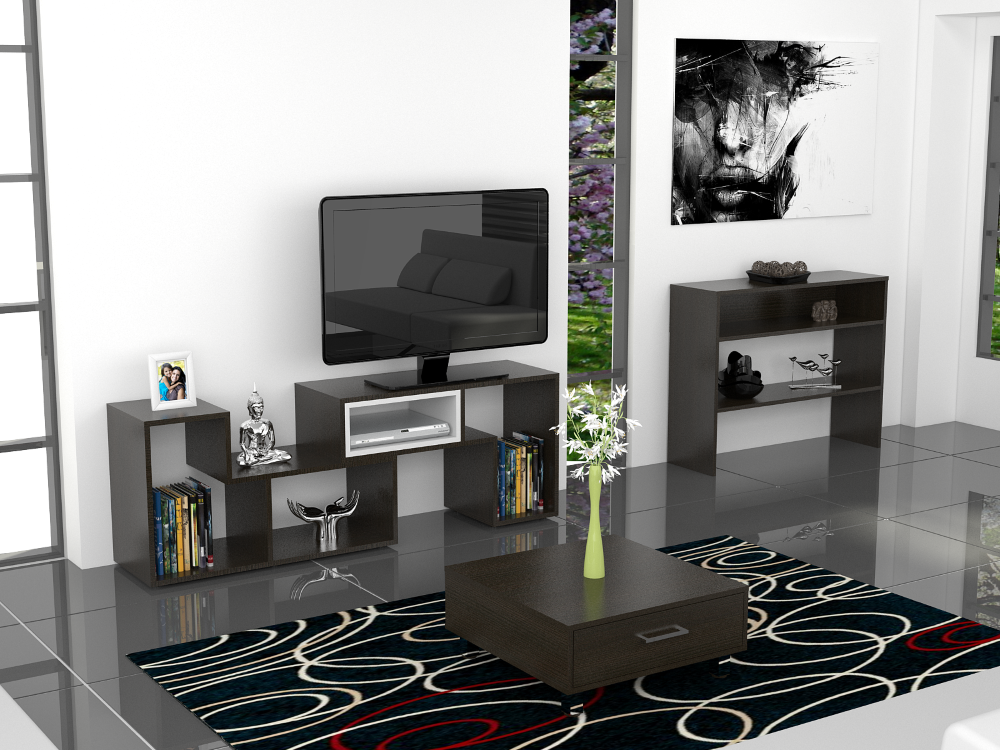 Rack Extensible + Arrimo + Mesa de Centro Beijing Color Wengue Para Sala De Estar