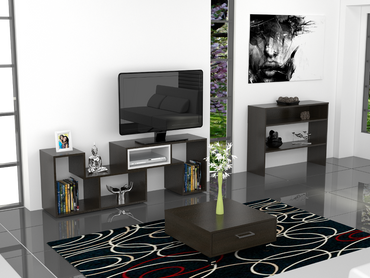 Rack Extensible + Arrimo + Mesa de Centro Beijing Color Wengue Para Sala De Estar