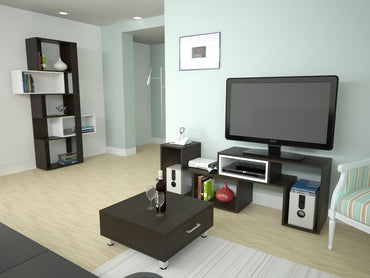 Rack Extensible + Biblioteca Cubo + Mesa de Centro Beijing Color Wengue Para Sala De Estar