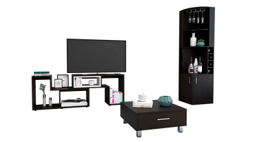 Bar Esquinero Kava + Rack Extensible + Mesa de Centro Color Wengue y Blanco Para Sala De Estar