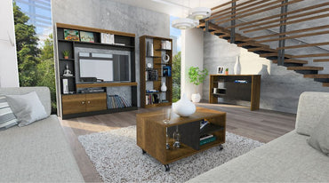 Estante TV + Biblioteca + Arrimo + Mesa de Centro Color Caramelo y Wengue Para Sala De Estar