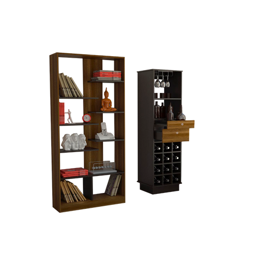 Biblioteca + Bar Color Caramelo y Wengue Para Sala De Estar