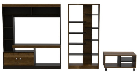 Estante TV + Biblioteca + Mesa de Centro Color Caramelo y Wengue Para Sala De Estar