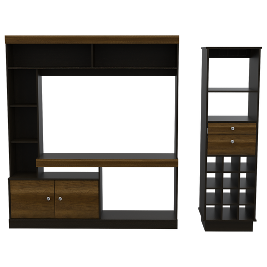 Estante TV + Bar Color Caramelo y Wengue Para Sala De Estar