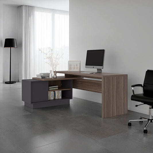 Escritorio En L Una Puerta - Repisas Office W-179, Avellana Y Plomo