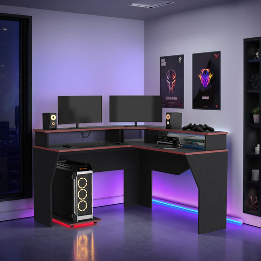 Escritorio Gamer En L Con Dos Niveles Para Monitores Guma - Wengue - Canto Rojo
