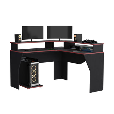 Escritorio Gamer En L Con Dos Niveles Para Monitores Guma - Wengue - Canto Rojo