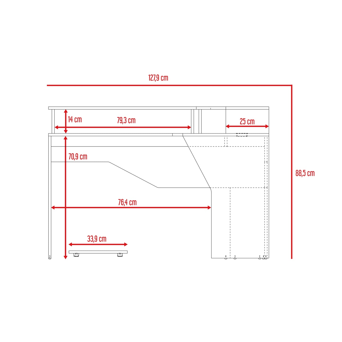 Escritorio Gamer En L Con Dos Niveles Para Monitores Guma - Wengue - Canto Rojo