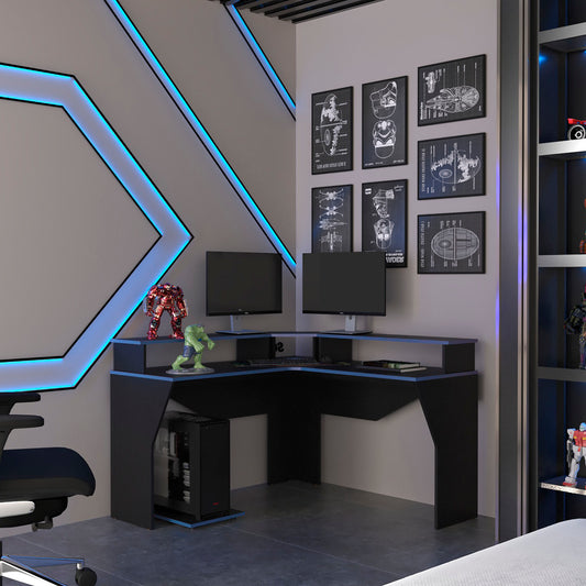 Escritorio Gamer En L Con Dos Niveles Para Monitores Guma, Wengue - Canto Azul