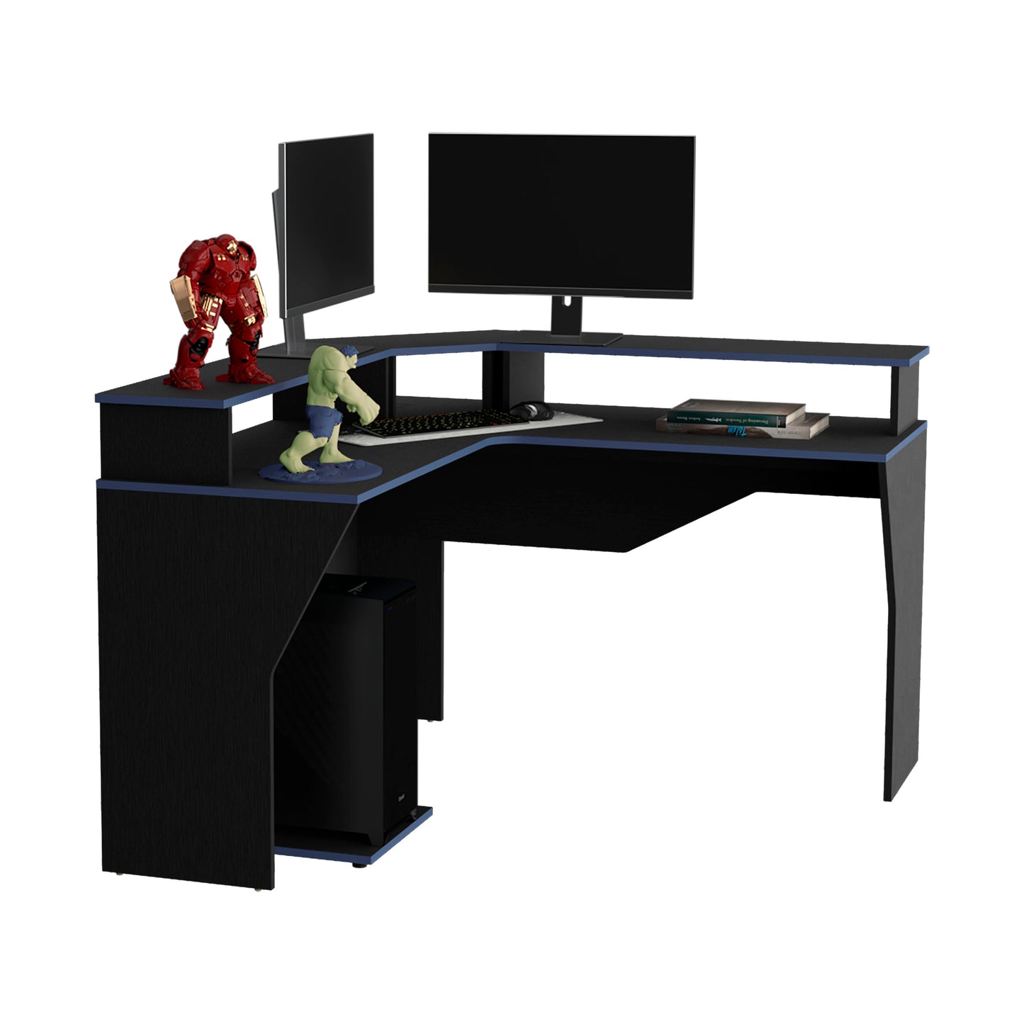 Escritorio Gamer En L Con Dos Niveles Para Monitores Guma, Wengue - Canto Azul