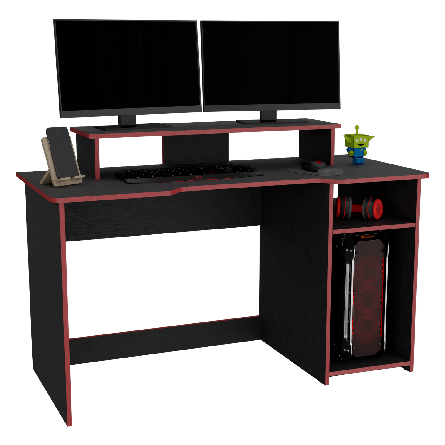 Escritorio Gamer Huni, Wengue y Canto, con varios entrepaños para colocar objetos