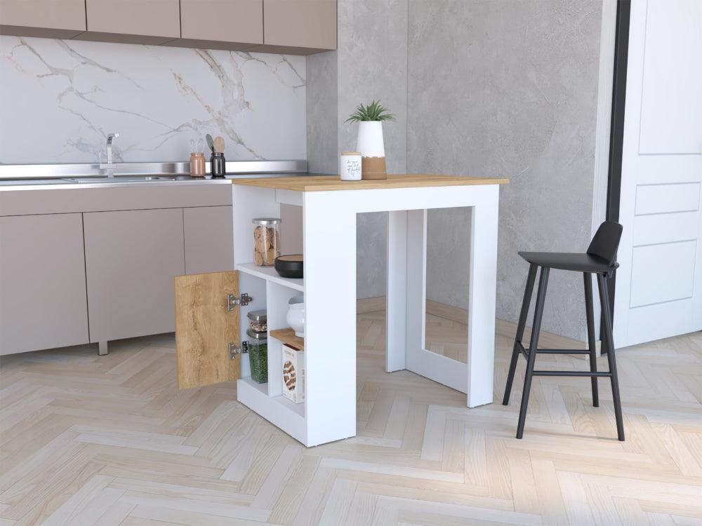 Mesa De Cocina Stirling, Blanco y Macadamia, con entrepaños para colocar objetos de cocina