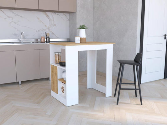 Mesa De Cocina Stirling, Blanco y Macadamia, con entrepaños para colocar objetos de cocina