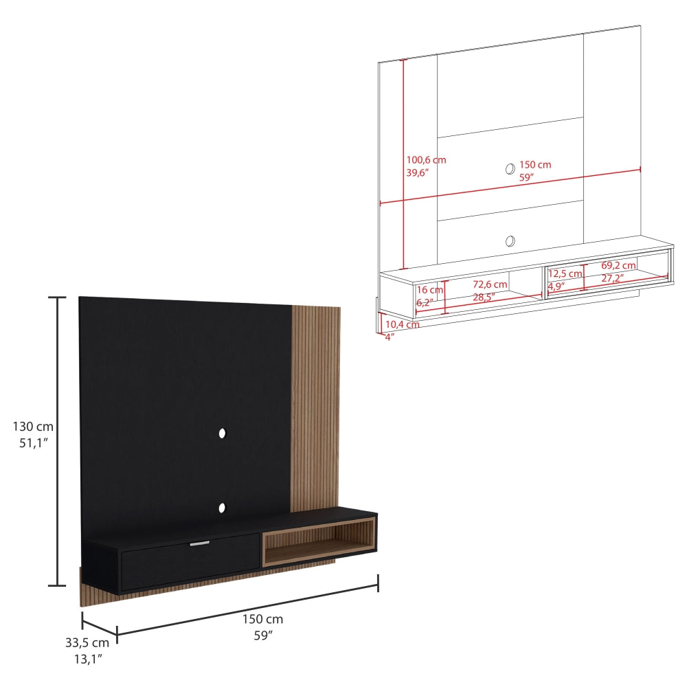 Panel De Tv Funes, Wengue y Macadamia, con una puerta batiente