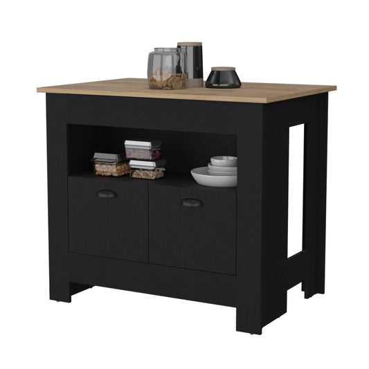 Barra Auxiliar De Cocina Arlet, Wengue y Macadamia, con entrepaños para colocar objetos de cocina