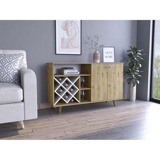 Mueble Bar Vihti, Macadamia y Blanco Marquez, con varios entrepaños